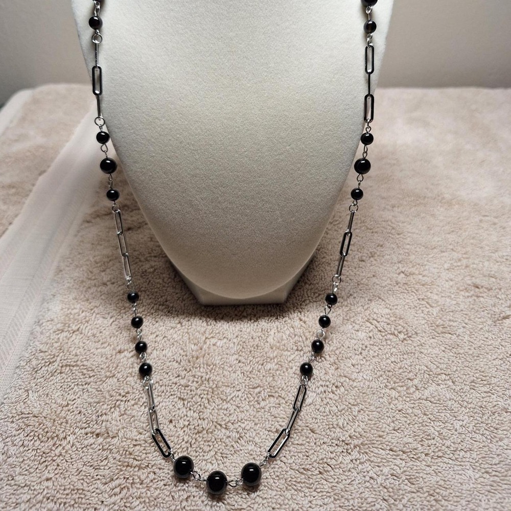 Paper clip necklace black agate stations stainless steel